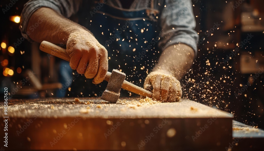 Carpenter with a hammer building furniture in a workshop, with sawdust in the air Carpenter with a hammer building furniture in a workshop, with sawdust in the air