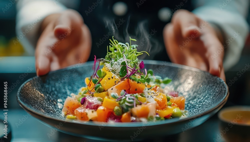 Chef presenting a dish at a restaurant, with vibrant colors and artistic presentation Chef presenting a dish at a restaurant, with vibrant colors and artistic presentation