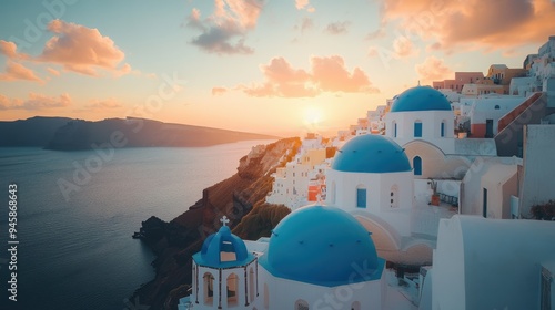 The iconic white buildings and blue domes of Santorini, illuminated by the warm colors of a vibrant sunset, creating a breathtaking view.