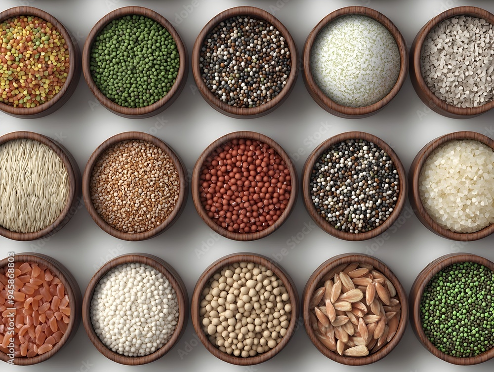 Assorted Organic Grains and Superfoods in Wooden Bowls Assorted Organic Grains and Superfoods in Wooden Bowls