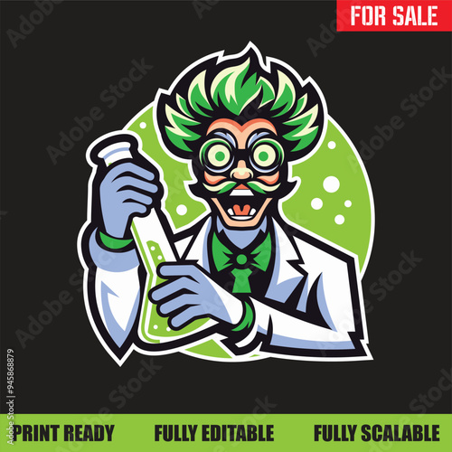 Mad Scientist Mascot with Beaker Logo