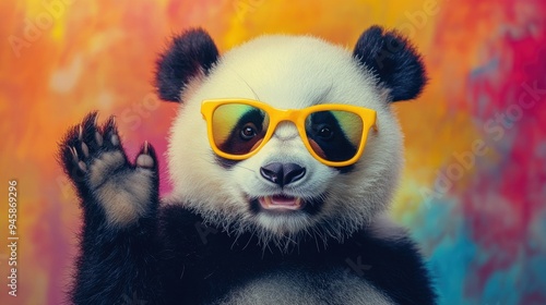 Trendy big panda wearing yellow sunglasses, waving its hand playfully, with a colorful background and cool vibe.