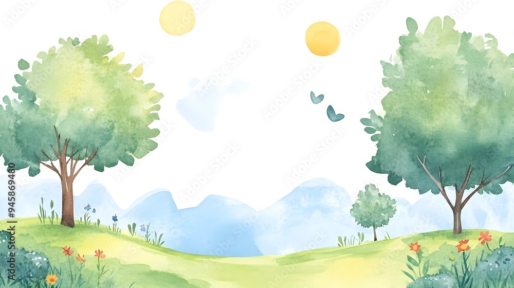 Fototapeta premium Whimsical Watercolor Nature Book Cover with Cartoon Landscape and Hills