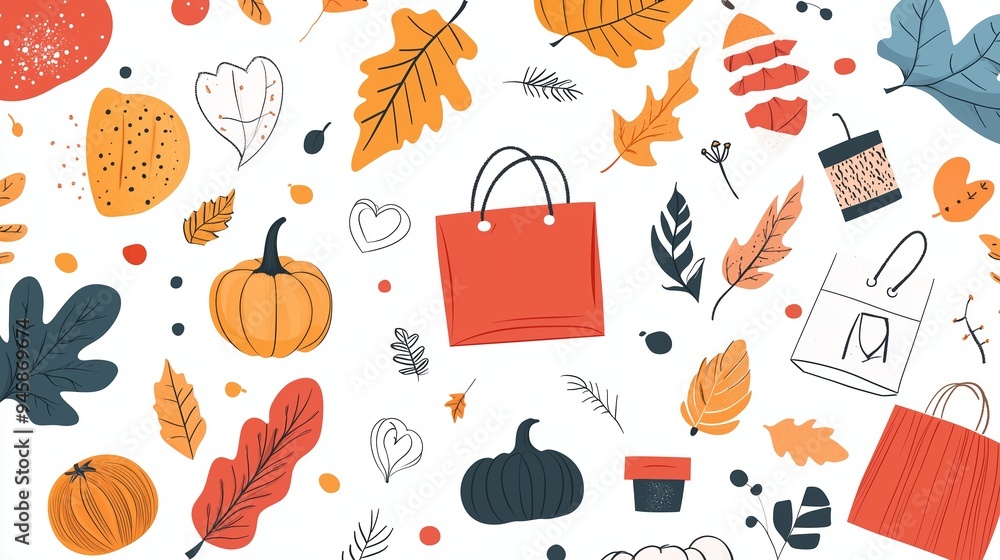 Decorative autumn-themed elements featuring pumpkins, leaves, and shopping bags on a white background in a playful arrangement Decorative autumn-themed elements featuring pumpkins, leaves, and shopping bags on a white background in a playful arrangement