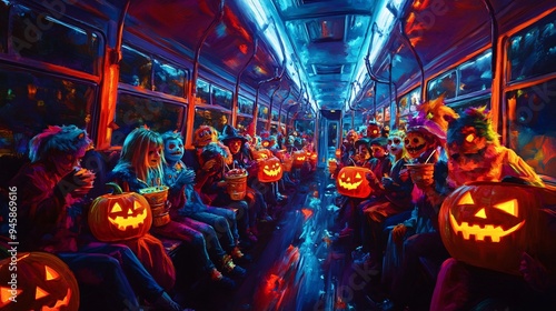 A packed Halloween bus children in monster costumes holding candy buckets bright pumpkins illuminating the seats around moody lighting