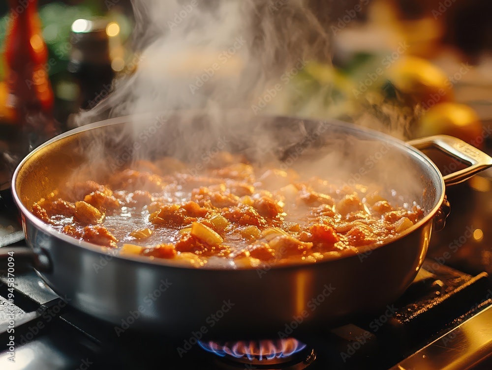 Cooking pot simmering on the stove, with rich aromas and warmth Cooking pot simmering on the stove, with rich aromas and warmth