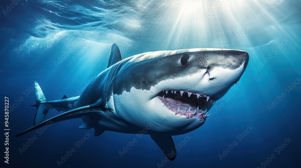 Fototapeta premium A great white shark swims gracefully in the deep blue ocean