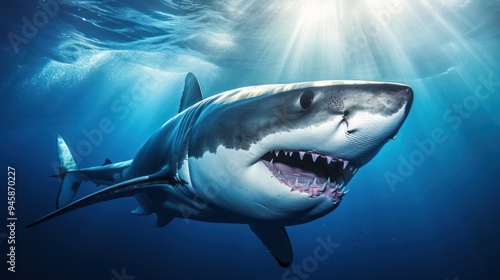 A great white shark swims gracefully in the deep blue ocean 