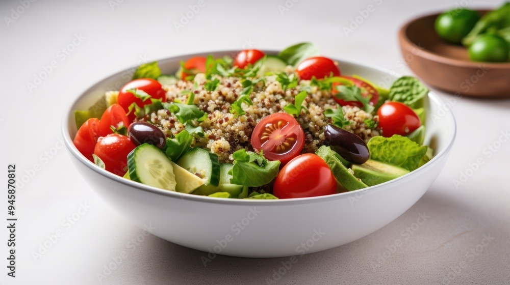 salad bowl filled with quinoa, mixed greens, cherry tomatoes, cucumbers, avocado, salad bowl filled with quinoa, mixed greens, cherry tomatoes, cucumbers, avocado,