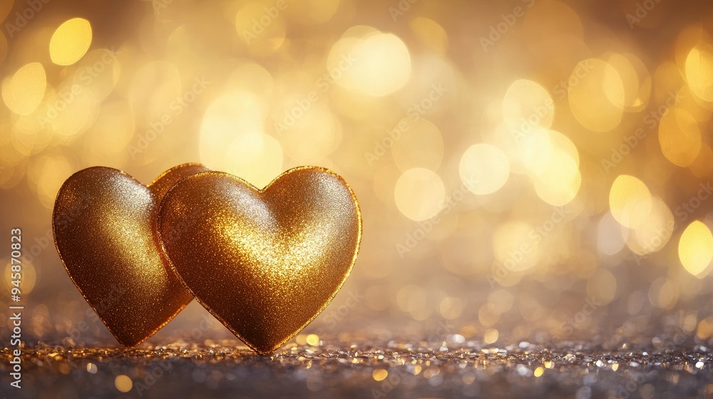 Fototapeta premium Valentine's Day scene with two golden hearts shining brightly, set against a festive and romantic background.