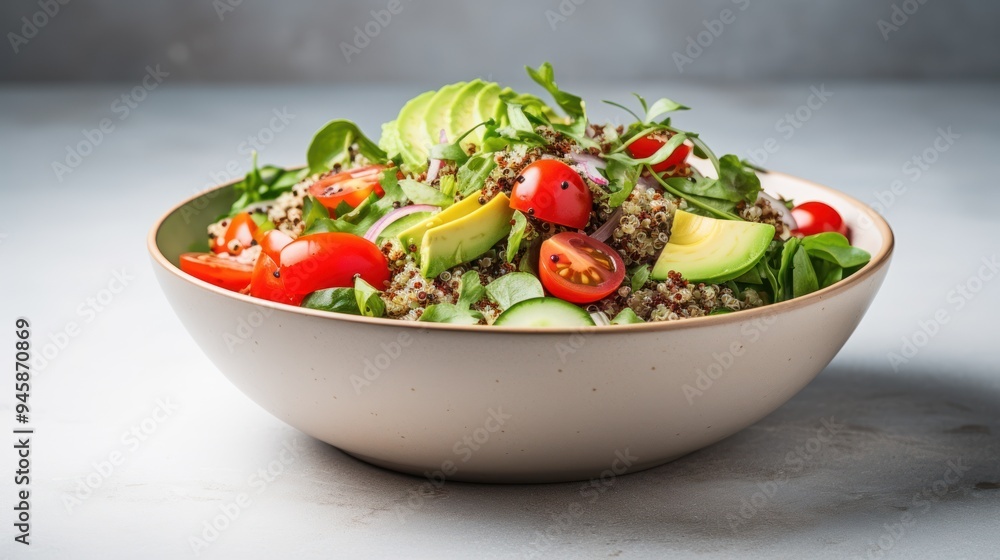 salad bowl filled with quinoa, mixed greens, cherry tomatoes, cucumbers, avocado, salad bowl filled with quinoa, mixed greens, cherry tomatoes, cucumbers, avocado,