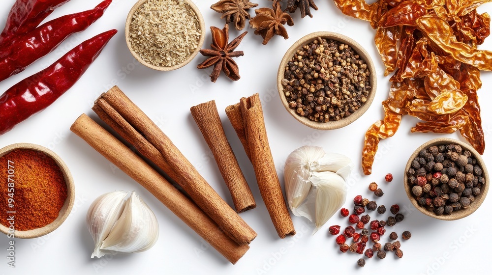 A collection of various spices and herbs arranged for culinary use. A collection of various spices and herbs arranged for culinary use.