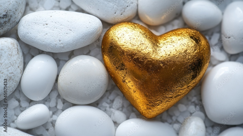 Obraz premium Vibrant golden heart placed on smooth white stones, symbolizing love and luxury with a minimalist touch.