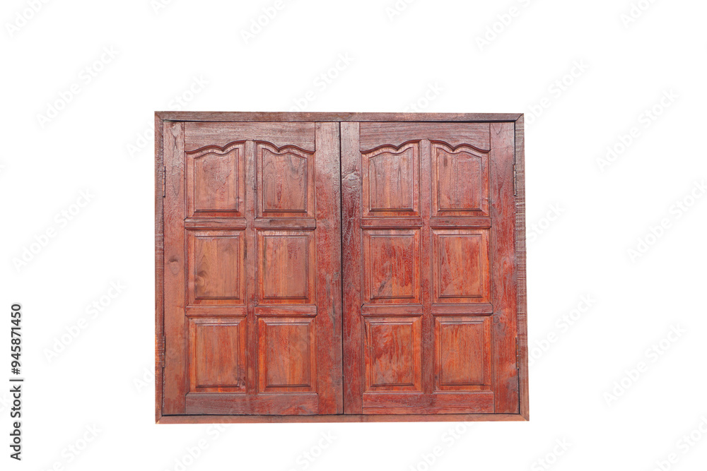 Double wooden window isolated on white background. Concept, Part of house or building. Open the windows for ventilation and get natural light. Close window for safety and protection. Double wooden window isolated on white background. Concept, Part of house or building. Open the windows for ventilation and get natural light. Close window for safety and protection.