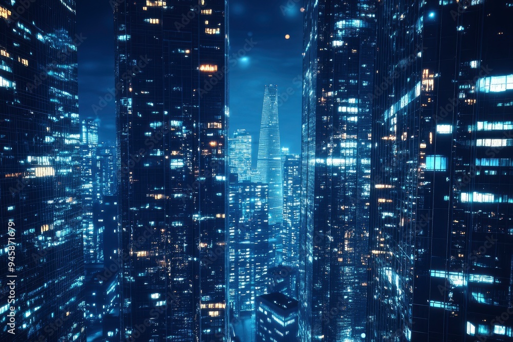 Nighttime view of a technologically advanced city with sleek, illuminated skyscrapers. Premium background for the latest technology needs , ai Nighttime view of a technologically advanced city with sleek, illuminated skyscrapers. Premium background for the latest technology needs , ai