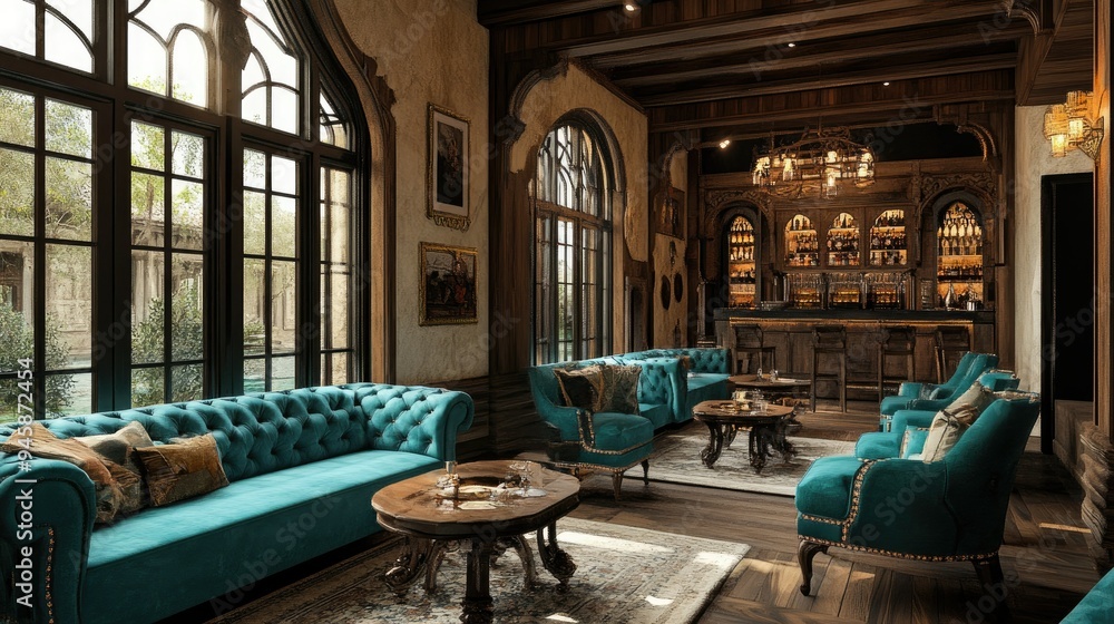 Fototapeta premium Vintage medieval-inspired room with teal sofas and chairs, complemented by rustic wooden accents and traditional decor.