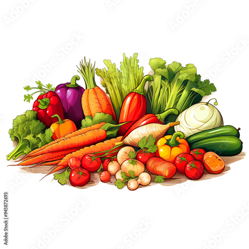 Illustration of a collection of fresh vegetables on a white background.