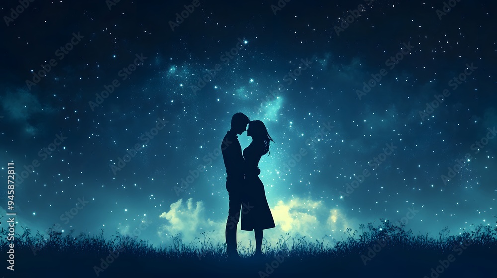 Couple Silhouettes Under a Starry Night Sky. Couple Silhouettes Under a Starry Night Sky.