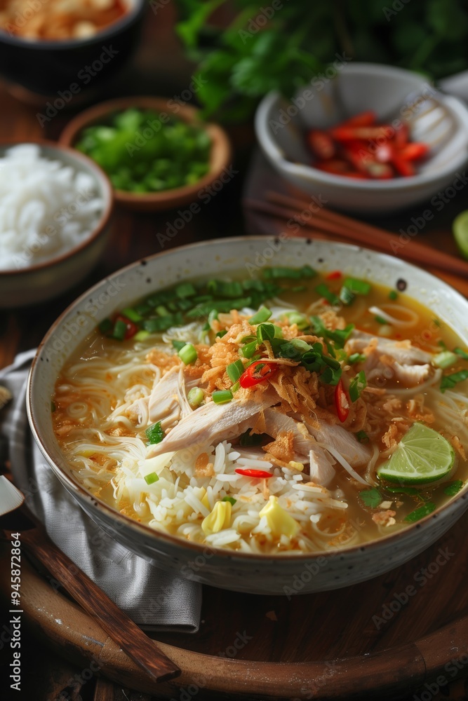 Delicious chicken noodle soup served in a bowl with fresh herbs, lime, and red chili on a wooden table with rice on the side Delicious chicken noodle soup served in a bowl with fresh herbs, lime, and red chili on a wooden table with rice on the side