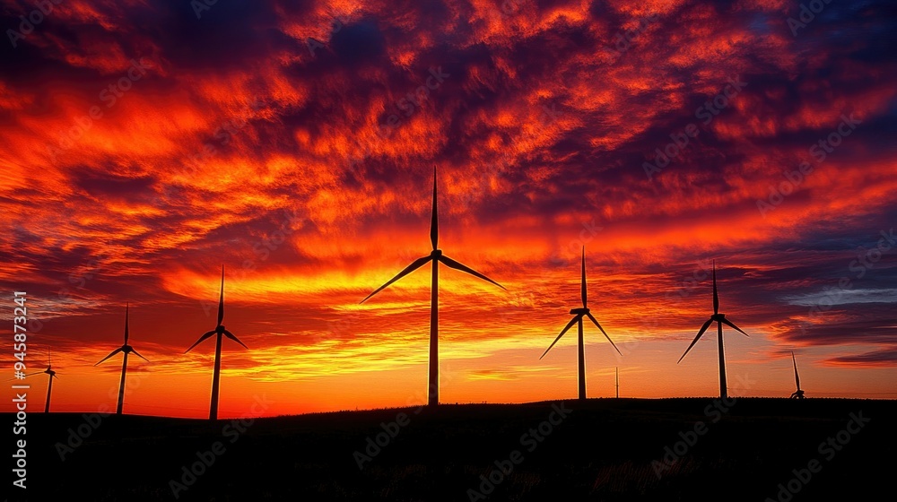 Obraz premium Wind turbines in the distance, silhouetted against a fiery sunset, with the sky ablaze in orange and red hues. Perfect for an energetic, eco-friendly wallpaper.