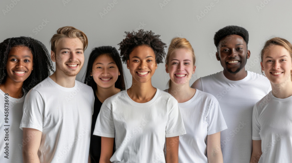 Diverse Multiracial Group of Young Women and Men Volunteers Smiling in White T-Shirts - Community Support and Teamwork. Generative ai Diverse Multiracial Group of Young Women and Men Volunteers Smiling in White T-Shirts - Community Support and Teamwork. Generative ai