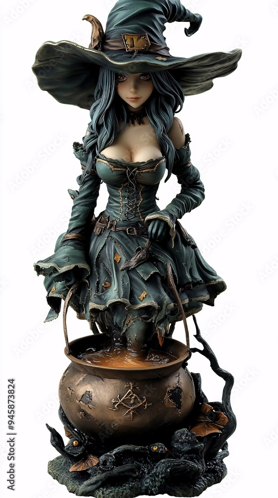 Fototapeta premium Anime witch statue holding a bubbling cauldron wearing a detailed witch’s outfit with a large hat magical and charming