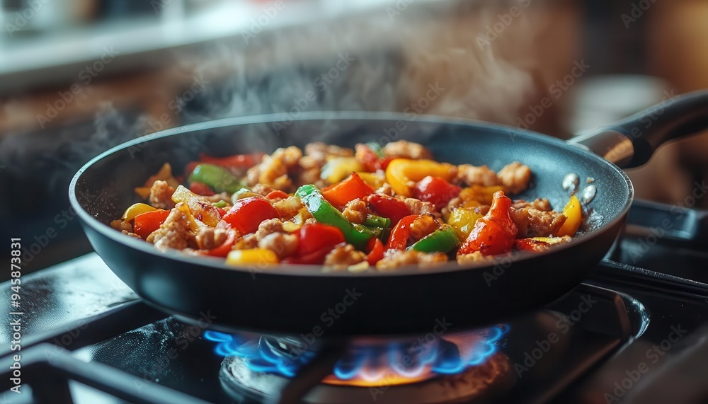 Frying pan sizzling with food, on a stovetop with vibrant ingredients Frying pan sizzling with food, on a stovetop with vibrant ingredients