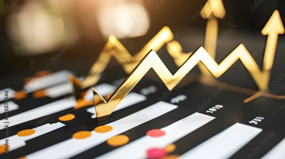 Golden Upward Arrows Over Financial Graph On Workplace Table Golden Upward Arrows Over Financial Graph On Workplace Table