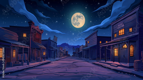 The Night wild west city street with old wooden houses, game background, Illustration
