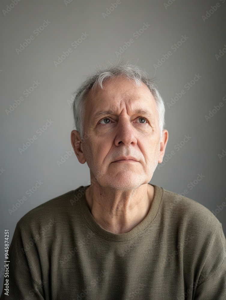 An elderly man with gray hair looks upward, reflecting in a minimalistic indoor space. Natural light softly illuminates his contemplative expression. Generative AI An elderly man with gray hair looks upward, reflecting in a minimalistic indoor space. Natural light softly illuminates his contemplative expression. Generative AI