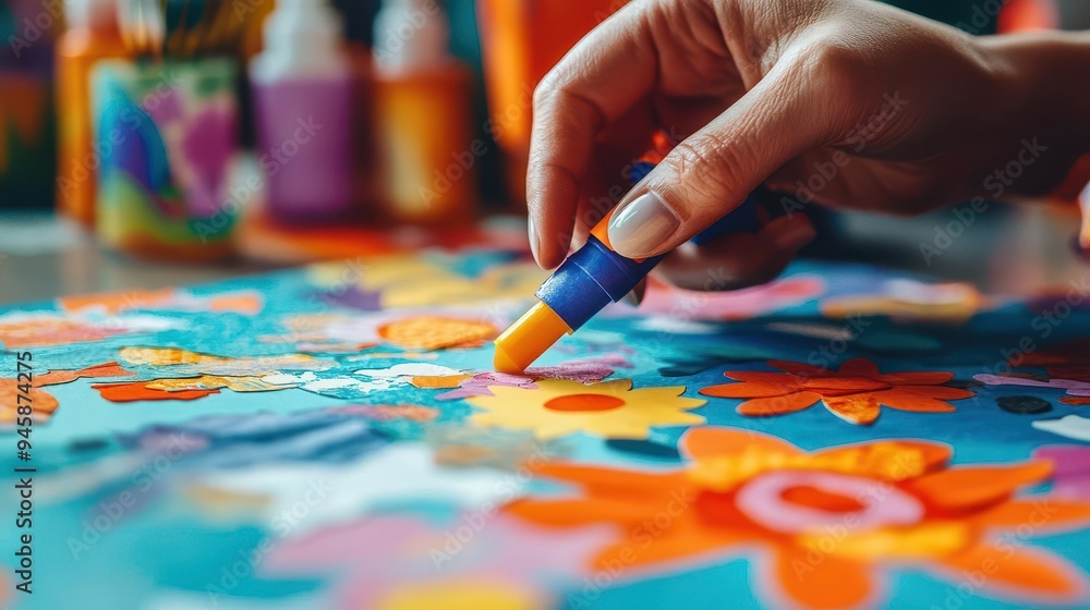 Glue stick being applied to craft paper, with cutouts and vibrant colors Glue stick being applied to craft paper, with cutouts and vibrant colors