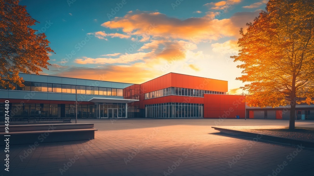 Obraz premium Modern school building in golden-hour lighting with geometric design