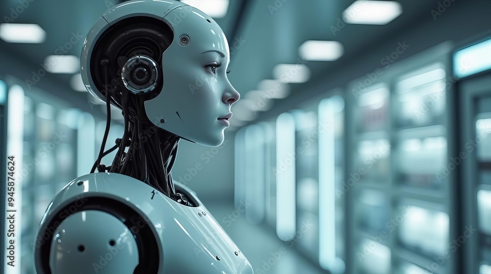 Futuristic Humanoid Robot: Advanced Artificial Intelligence in Modern Technology Environment Futuristic Humanoid Robot: Advanced Artificial Intelligence in Modern Technology Environment