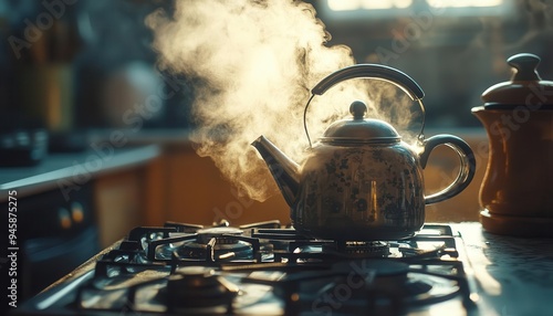 Kettle boiling on a stove, with steam and a cozy kitchen setting