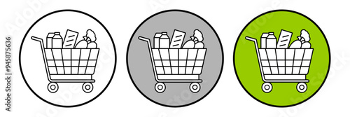 Full of products shopping cart flat white icons on round color backgrounds. Vector illustration
