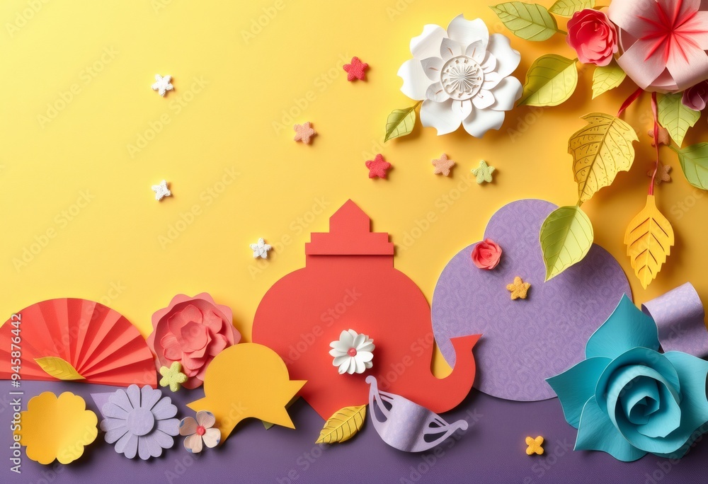 Colorful paper flowers and shapes on yellow and purple background. Colorful paper flowers and shapes on yellow and purple background.