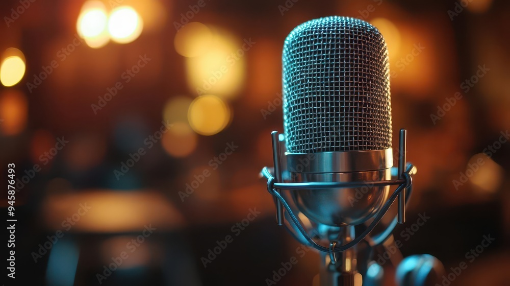 Microphone set up in a recording studio, ready for a podcast session Microphone set up in a recording studio, ready for a podcast session