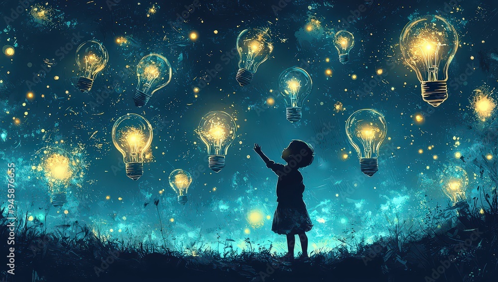 light bulbs floating in the air, and a silhouette of a child reaching out to touch one bulb. light bulbs floating in the air, and a silhouette of a child reaching out to touch one bulb.