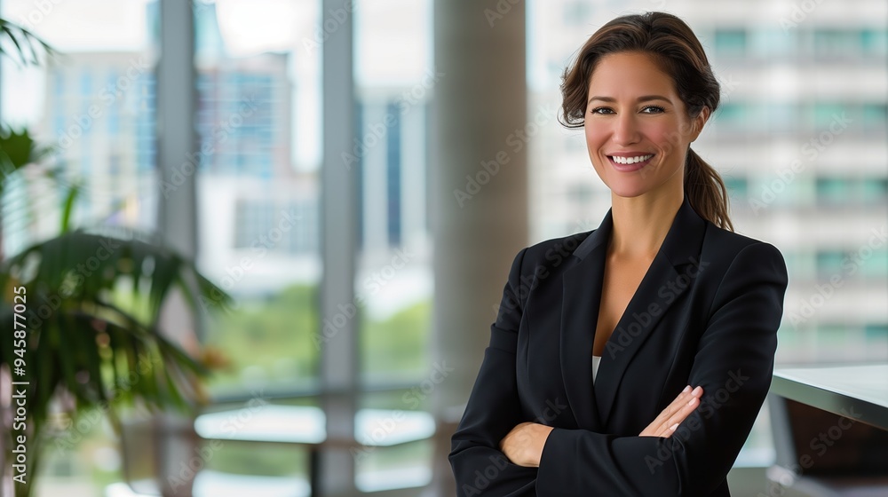 Successful Caucasian businesswoman posing confidently in a bright, contemporary office space Successful Caucasian businesswoman posing confidently in a bright, contemporary office space