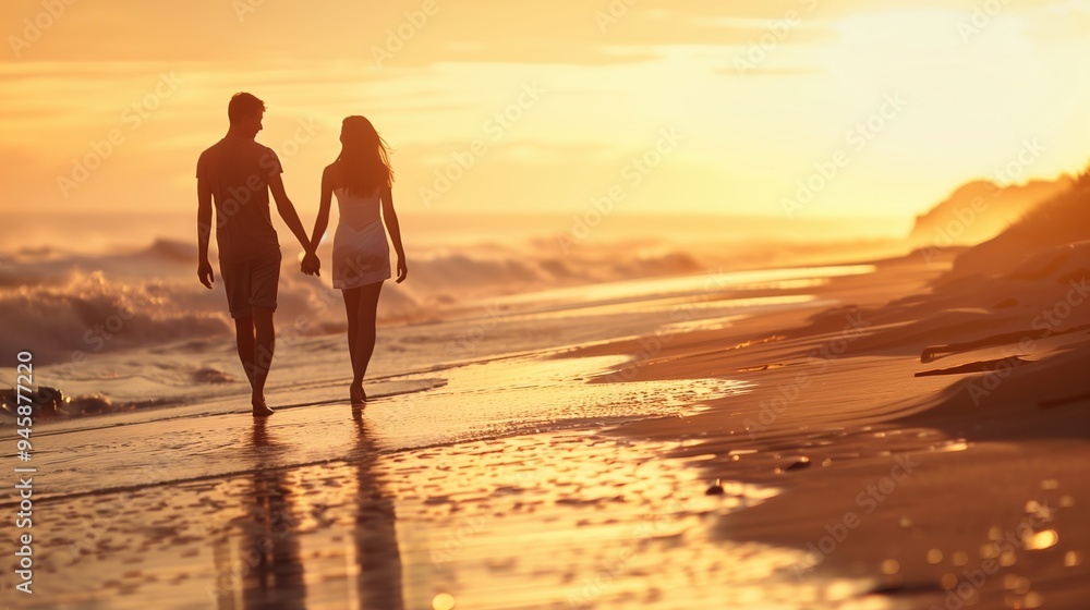 Romantic couple holding hands while walking along the beach at sunset Romantic couple holding hands while walking along the beach at sunset