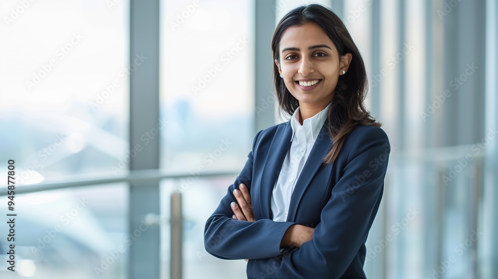 Confident Indian businesswoman smiling in a bright office environment Confident Indian businesswoman smiling in a bright office environment