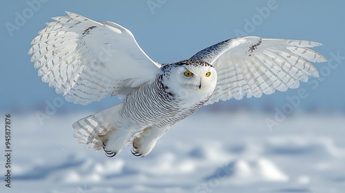 A snowy owl soaring gracefully through a winter landscape.