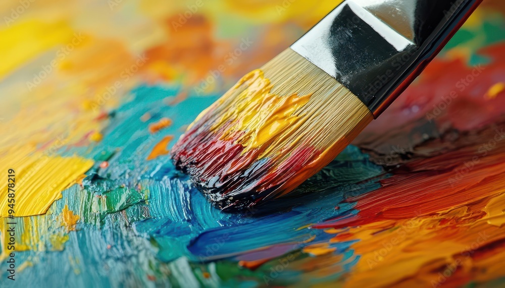 Fototapeta premium Paintbrush dipped in vibrant paint, ready to apply to a canvas