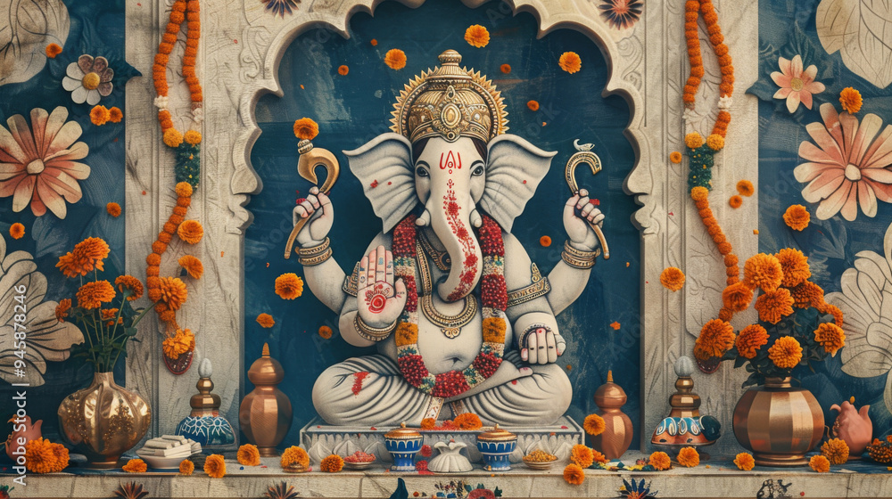Fototapeta premium Elegant Ganesh Chaturthi Altar Decorated with Flowers and Offerings 