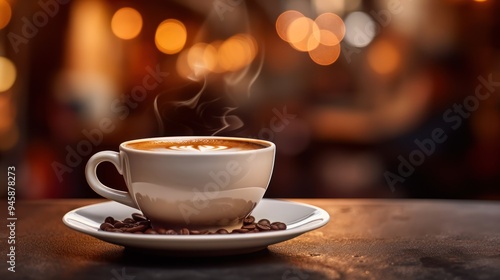 coffee cup with a saucer, filled with dark coffee, 