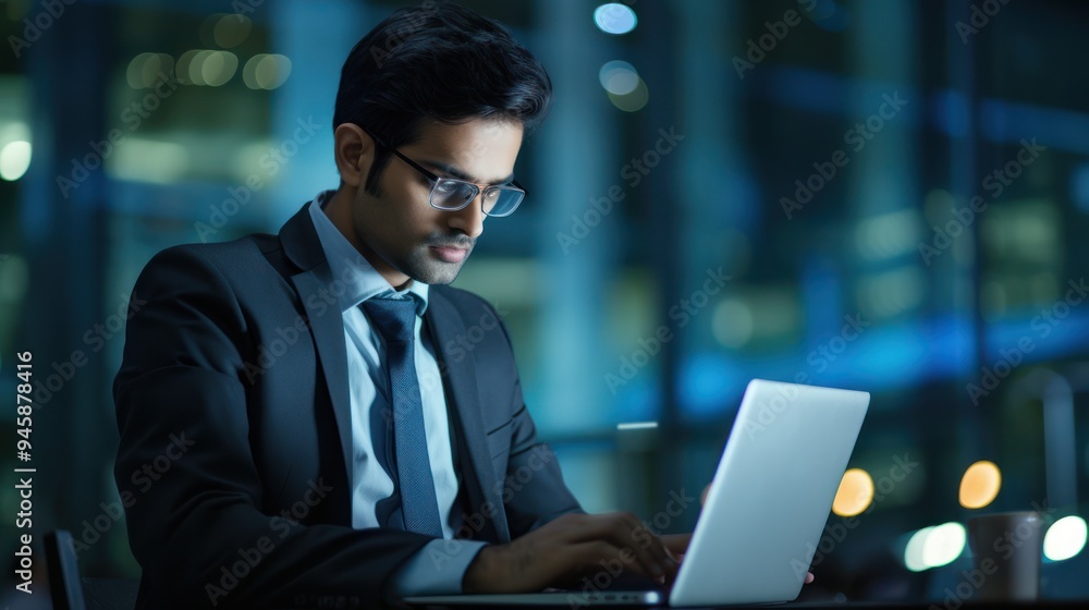 An Indian executive with a serious expression analyzing data on a laptop An Indian executive with a serious expression analyzing data on a laptop