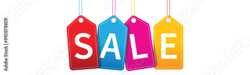 Colourful hanging sales tags with shadow isolated on transparent background.