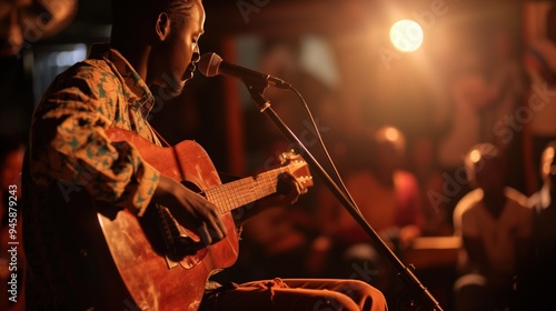 African guitarist singing and playing in an intimate live music setting photo