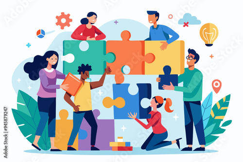 Teamwork working together to success, cooperation or team building collaborate to solve problem, partnership, help and support, business people colleagues help work together to connect jigsaw puzzle.
