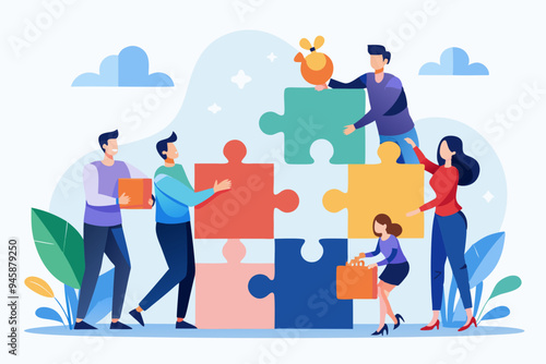 Teamwork working together to success, cooperation or team building collaborate to solve problem, partnership, help and support, business people colleagues help work together to connect jigsaw puzzle.
